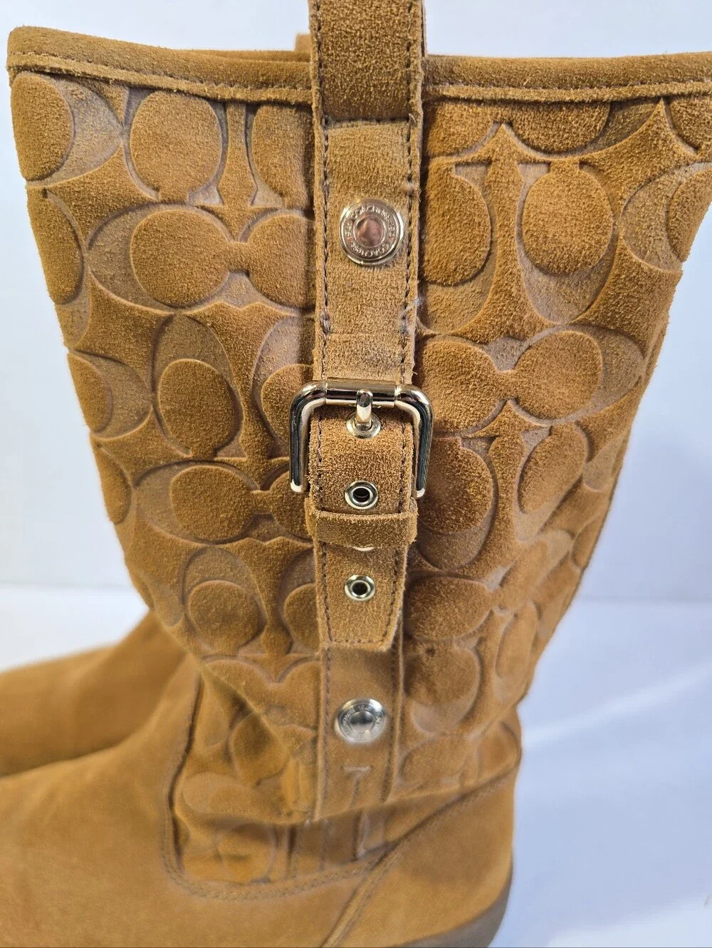 Coach Tullip Tan Suede Signature Mid-Calf Boots with Buckle Detail Size 7
